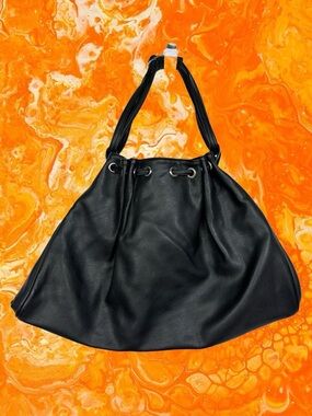Express Faux Leather Triangle Garment Drawstring Bucket Bag Shoulder Bag Black